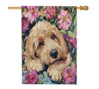 Labradoodle Dog Front Yard Backyard House Bandiere 28x40 Double Face per esterno, pittura a olio Fiore di Pesco Bandiere di lino, Pet Home Portico Bandiera