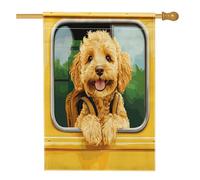 Labradoodle Dog School Bus Front Yard Backyard Bandiere verticali per la casa 28x40 su entrambi i lati per esterni, divertente bandiera stampata per il ritorno a scuola cucciolo casa, decorazione per