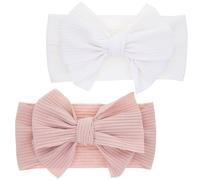 LABUYI 2 Pezzi Fascia Elastica, Accessori Neonata, Fascette Per Capelli Per Fiocchi, Regalo Per Bambini Per Foto,Bianco,Rosa