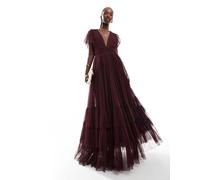 Lace & Beads - Madison - Vestito da damigella lungo in tulle color prugna con scollo a V-Viola 38