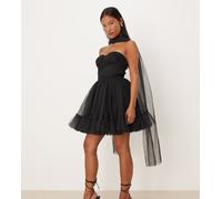 Lace & Beads Petite - Vestito corto in tulle nero con sciarpa al collo e dettaglio stile corsetto 46