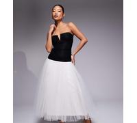 Lace & Beads Petite - Vestito lungo con fondo sceso in tulle color nero e avorio a contrasto 38