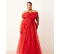 Lace & Beads Plus - Vestito lungo in tulle rosso con spalle scoperte 50