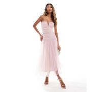 Lace & Beads - Vestito con gonna al polpaccio in tulle rosa cipria con fondo asimmetrico 48