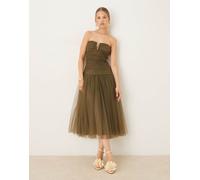Lace & Beads - Vestito con gonna al polpaccio verde oliva in tulle con fondo sceso 46