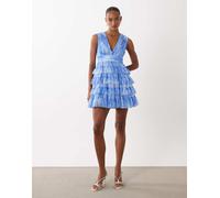Lace & Beads - Vestito corto a balze senza maniche con scollo profondo e volant blu sfumato a fiori-Multi 46
