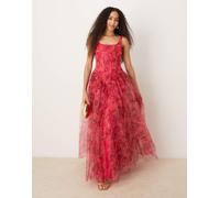 Lace & Beads - Vestito lungo a rose rosse e rosa con fondo sceso e corsetto 42