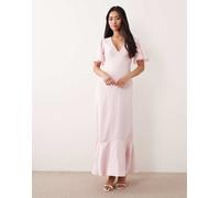 Lace & Beads - Vestito lungo in raso jacquard color rosa chiaro con scollo a V e volant sugli orli 42