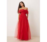 Lace & Beads - Vestito lungo in tulle rosso con spalle scoperte 48