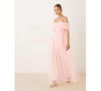 Lace & Beads - Vestito lungo rosa confetto con fiocco e spalle scoperte in tulle 48