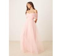 Lace & Beads - Vestito lungo rosa tenue con fiocco e spalle scoperte in tulle 40