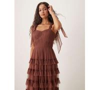 Lace & Beads - Vestito midi marrone rosato un tulle con fiocchi sulle spalle 48