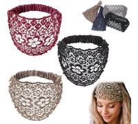 Lace Pearl Headband Elegant Floral Beaded Wide Headbands for Women, 2025 Wide Floral Pearl Lace Elastic Headbands Hair Accessories, comfortable and breatable (3PCS-F, One size)