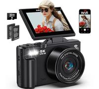 Fotocamera digitale 5K per fotografia, 75 MP WiFi Vlogging Camera per YouTube con 3 pollici 180 ° Flip Screen, Zoom 18X UHD Autofocus Video Camara con 32GB SD Card, 2 Batterie
