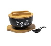 lachineuse - Grande ciotola in porcellana asiatica - Zuppa e noodles - Nero ⌀ 16 cm - Stile giapponese Sakura - Capacità 1000 ml - Cucchiaio, bacchette e supporto - Decorazione regalo giapponese