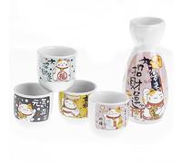 lachineuse - Servizio di Saké Gatto Maneki Neko - con 4 ciotole e caraffa - Bicchieri da sake giapponesi - Regalo da tavola asiatico - Servizio sake tradizionale porcellana Giappone - Gatto giapponese