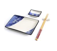 lachineuse - Servizio per sushi giapponese - Piatti, bacchette e salsiere per 1 persona - Colori bianco e blu - in porcellana - motivo fiori Sakura - confezione regalo giapponese - stoviglie