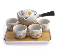 lachineuse - Set da tè giapponese a forma di gatto kawaii - con teiera, 4 tazze di porcellana, vassoio, borsa per il trasporto - Idea regalo a forma di gatto giapponese - Stoviglie asiatiche