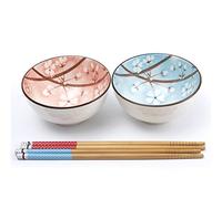 lachineuse - Set di 2 ciotole giapponesi Sakura Cherry Blossom ⌀ 11 cm - Bianco, rosa e blu - Ciotole per riso e zuppa - 2 paia di bacchette - Regalo di stoviglie giapponesi