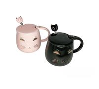 lachineuse - Set di 2 tazze Kawaii 450 ml - Tazza gatto con coperchio e cucchiaio - Colore rosa e nero - Porcellana - Tazza per infusione, Tè, Caffè - Tazza originale giapponese - Idea regalo Asia
