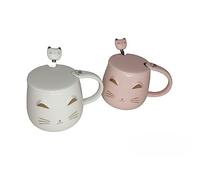 lachineuse - Set di 2 tazze Kawaii Cat da 450 ml - Tazza a forma di gatto con coperchio e cucchiaio - Colori ceramica bianca e rosa - Tazza per infusione, tè, caffè - Idea regalo Giappone Asia