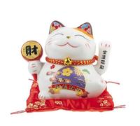 lachineuse - Statuetta Gatto Maneki Neko - Simbolo Fortune et Chance - Braccio mobile - Portafortuna tradizionale giapponese - 12 x 14 x 10 cm - Porcellana, Bianco - Funziona con batteria LR03 non