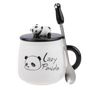 lachineuse - Tazza Collezione Panda - Lazy Panda - Con coperchio e cucchiaio - Capacità: 425 ml - Porcellana, Metallo - Nero, Bianco - Caffè, Tè, Cioccolato - Idea regalo Giappone Asia