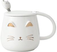 lachineuse - Tazza Gatto Kawaii 450ml - Tazza Gatto con Coperchio e Cucchiaio - Colori Bianco e Oro, Ceramica - Ideale per Infusi di Tè e Caffè - Tazza Originale Giapponese - Idea Regalo Asiatica