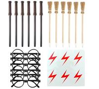 LACHT 24 Pezzi Matite Bacchetta Magica e Scopa Strega Set con Tatuaggi Temporanei di Fulmini Occhiali da Mago Senza Lenti per Halloween Compleanni Feste Cosplay (6 pezzi Ciascuno)