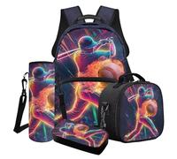 LACIYISON Set combinato 4 in 1 con stampa di baseball e fiamma, con borsa per il pranzo, astuccio per matite e borsa per bottiglia d'acqua, per forniture scolastiche elementari elementari, Giocatore
