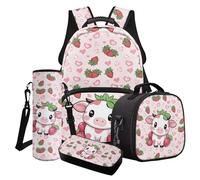 LACIYISON Set combinato con zaino con stampa di mucca e fragola, con tracolla regolabile, per adolescenti, leggero, con borsa per il pranzo, astuccio per matite, borsa da scuola casual per adolescenti