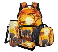 LACIYISON Set di 4 zaini con borsa per il pranzo, astuccio per matite e custodia per bottiglia d'acqua, zaino da viaggio per ragazzi e ragazze, Albero dell'albero del pane dell'elefante dell'uccello