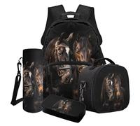LACIYISON Set di 4 zaini con borsa per il pranzo, astuccio per matite e custodia per bottiglia d'acqua, zaino da viaggio per ragazzi e ragazze, Cavallo Selvaggio, Taglia unica, Set di zaini per la