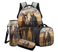 LACIYISON Set di 4 zaini con borsa per il pranzo, astuccio per matite e custodia per bottiglia d'acqua, zaino da viaggio per ragazzi e ragazze, Cavallo Selvaggio Prato, Taglia unica, Set di zaini per