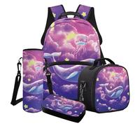 LACIYISON Set di 4 zaini con borsa per il pranzo, scatola per matite, borsa per bottiglia d'acqua, borsa impermeabile per bambini, regalo per il ritorno a scuola, Delfino stella medusa viola, Taglia