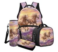 LACIYISON Set di 4 zaini con borsa per il pranzo, scatola per matite, borsa per bottiglia d'acqua, borsa impermeabile per bambini, regalo per il ritorno a scuola, Cavallo Selvaggio Fiore, Taglia unica