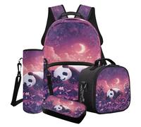LACIYISON Set di 4 zaini con borsa per il pranzo, scatola per matite, borsa per bottiglia d'acqua, borsa impermeabile per bambini, regalo per il ritorno a scuola, Viola Luna Stella Panda Fiore, Taglia