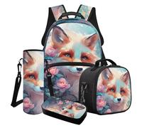 LACIYISON Set di 4 zaini con borsa per il pranzo, scatola per matite, borsa per bottiglia d'acqua, borsa impermeabile per bambini, regalo per il ritorno a scuola, Camelia Fiore Volpe, Taglia unica
