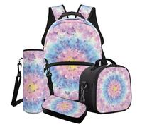 LACIYISON Set di 4 zaini per la scuola con stampa di farfalle e tie-dye, con borsa per il pranzo, astuccio e custodia per bottiglia d'acqua, regalo per il rientro a scuola, Farfalla Tie Dye Blu Rosa