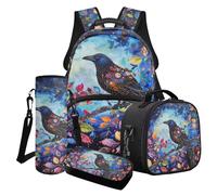 LACIYISON Set di zaini per la scuola 4 in 1 con stampa di gemme colorate e foglie di corvo Set di zaini per ragazze per adolescenti secondarie elementari medie, Gemma colorata foglie corvo, Taglia