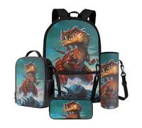 LACIYISON Set zaino 4 in 1 zaino da viaggio leggero con borsa per il pranzo astuccio per matite borsa per bottiglie d'acqua borsa per libri, Tirannosauro rosso Rex, Taglia unica, Set di zaini per la