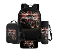 LACIYISON Set zaino 4 in 1 zaino da viaggio leggero con borsa per il pranzo astuccio per matite borsa per bottiglie d'acqua borsa per libri, Trattore Union Jack, Taglia unica, Set di zaini per la