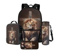 LACIYISON Set zaino 4 in 1 zaino leggero con borsa per il pranzo, astuccio per bottiglia d'acqua, borsa per libri e zaino, Leone Croce, Taglia unica, Set di zaini per la scuola