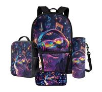 LACIYISON Set zaino 4 in 1 zaino leggero con borsa per il pranzo, astuccio per bottiglia d'acqua, borsa per libri e zaino, Lupo musicale, Taglia unica, Set di zaini per la scuola