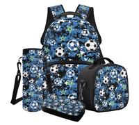 LACIYISON Set zaino con stampa mimetica blu con stella del calcio con borsa per il pranzo scolastico borsa per matite borsa per bottiglia d'acqua 4 pezzi borsa sportiva per bambini set regalo per il