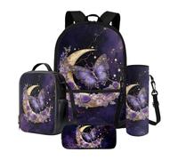 LACIYISON Set zaino da 43 cm con borsa per il pranzo, borsa termica leggera con astuccio per matite e borsa porta bottiglie d'acqua, Viola Oro Rosa Luna Farfalla Marmo, Taglia unica, Set di zaini per