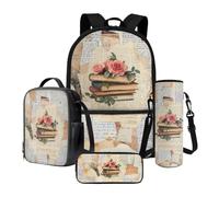 LACIYISON Set zaino da 43 cm con borsa per il pranzo, borsa termica leggera con astuccio per matite e borsa porta bottiglie d'acqua, Vintage Lettera Rosa Libro, Taglia unica, Set di zaini per la