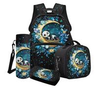 LACIYISON Set zaino da viaggio per bambini con borsa per il pranzo, borsa per matite, custodia per bottiglia d'acqua, 4 pezzi, borsa per libri leggera, Moon Star Floral Butterfly Panda, Taglia unica