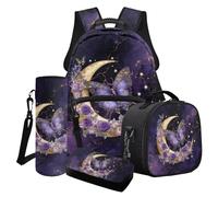 LACIYISON Set zaino da viaggio per bambini con borsa per il pranzo, borsa per matite, custodia per bottiglia d'acqua, 4 pezzi, borsa per libri leggera, Luna farfalla rosa marmo oro viola, Taglia unica