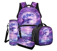 LACIYISON Set zaino da viaggio per bambini con borsa per il pranzo, borsa per matite, custodia per bottiglia d'acqua, 4 pezzi, borsa per libri leggera, Delfino Luna Viola, Taglia unica, Set di zaini